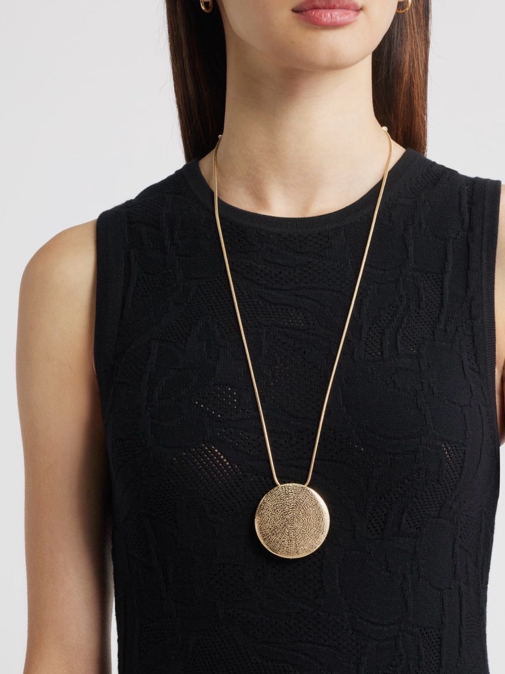 Gold Textured Disc Pendant Long Necklace - Women Jewelry